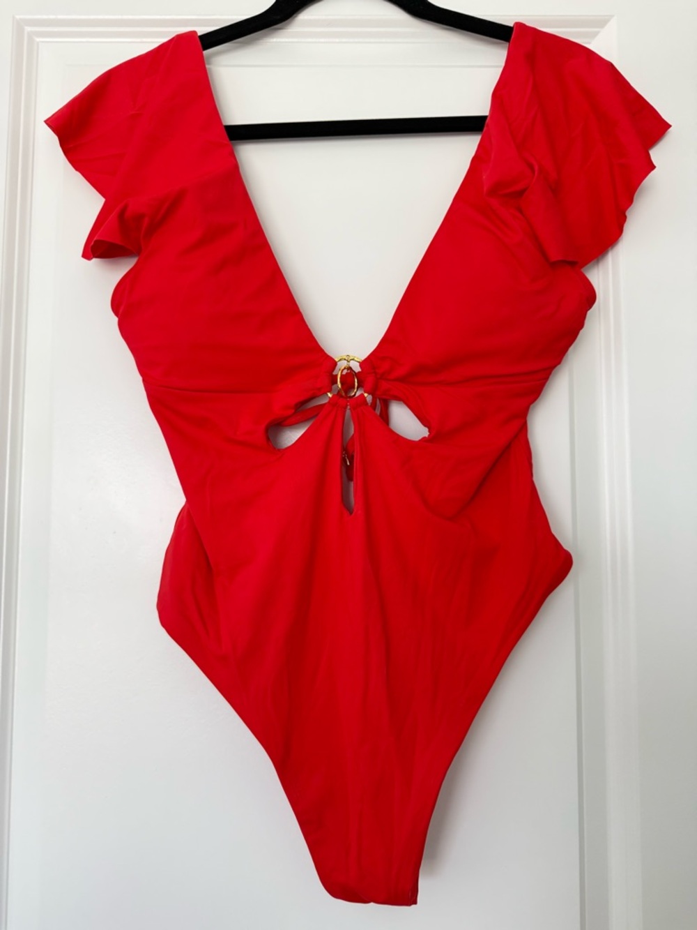 Trina Turk Bright Red One-Piece Swimsuit with Ruffle Cap Sleeves & Gold Ring